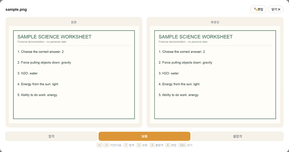 Compare the source and generated result. The processing result is an example for demonstrating the workflow. (Korean interface shown; the people and records are fictional examples.)